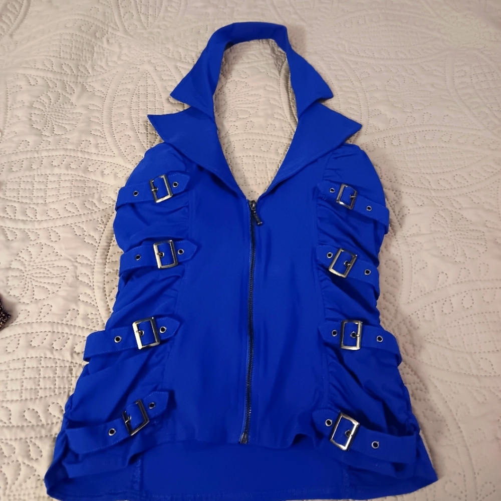 Halter top thick material with side stretch. Size Large. Front zip.
